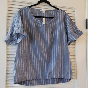 Goodthreads - (NWT) 100% Cotton Blue & White Striped Top Short Ruffle Sleeves